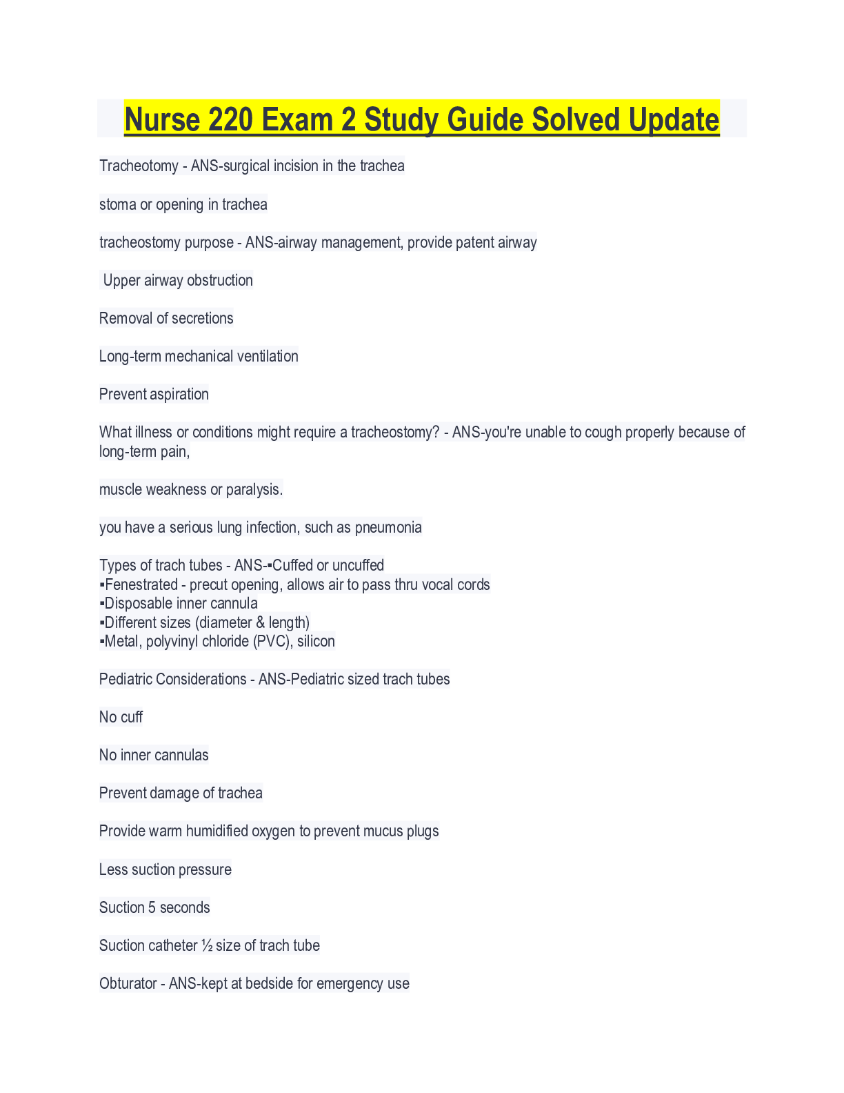 Preview of Nurse 220 Exam 2 Study Guide Solved Update